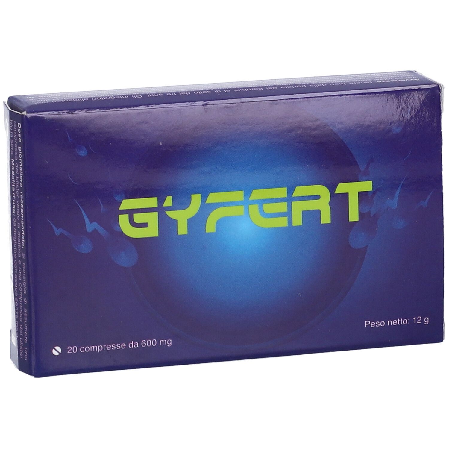 Scatola GyFert, blu con spermatozoi. Scritta: 20 compresse da 600 mg, peso netto 12 g. Nome del prodotto in verde.