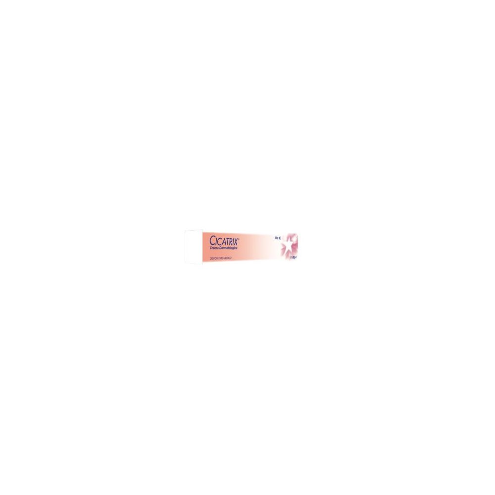 Tubo di Cicatrix Crema Dermatologica. Scritta e design floreale. Schema colori rosa e bianco.