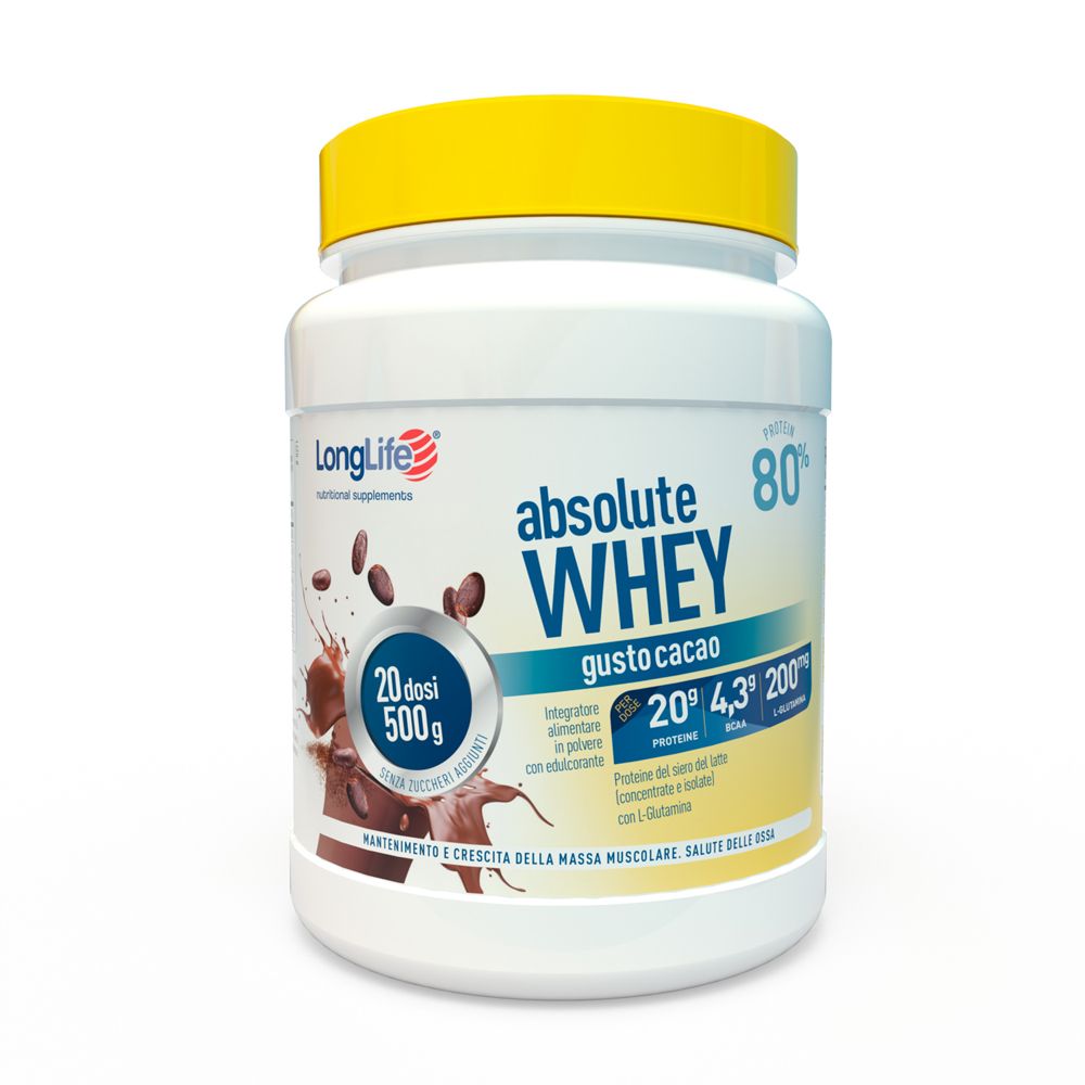 Barattolo bianco di proteine in polvere con coperchio giallo. Scritta: Absolute Whey, Cacao, 500g, 20 dosi. Marchio: LongLife.