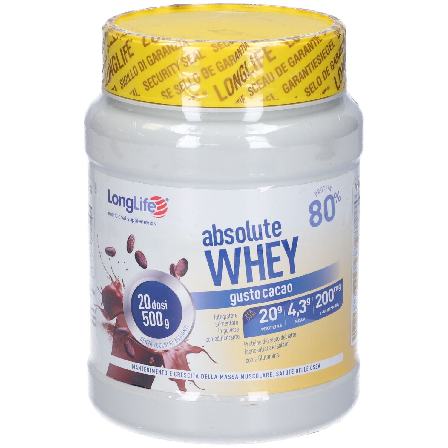 Barattolo bianco di proteine in polvere con coperchio giallo e sigillo. Scritta: Absolute Whey, Cacao, 500g, 20 dosi. Marchio: LongLife.