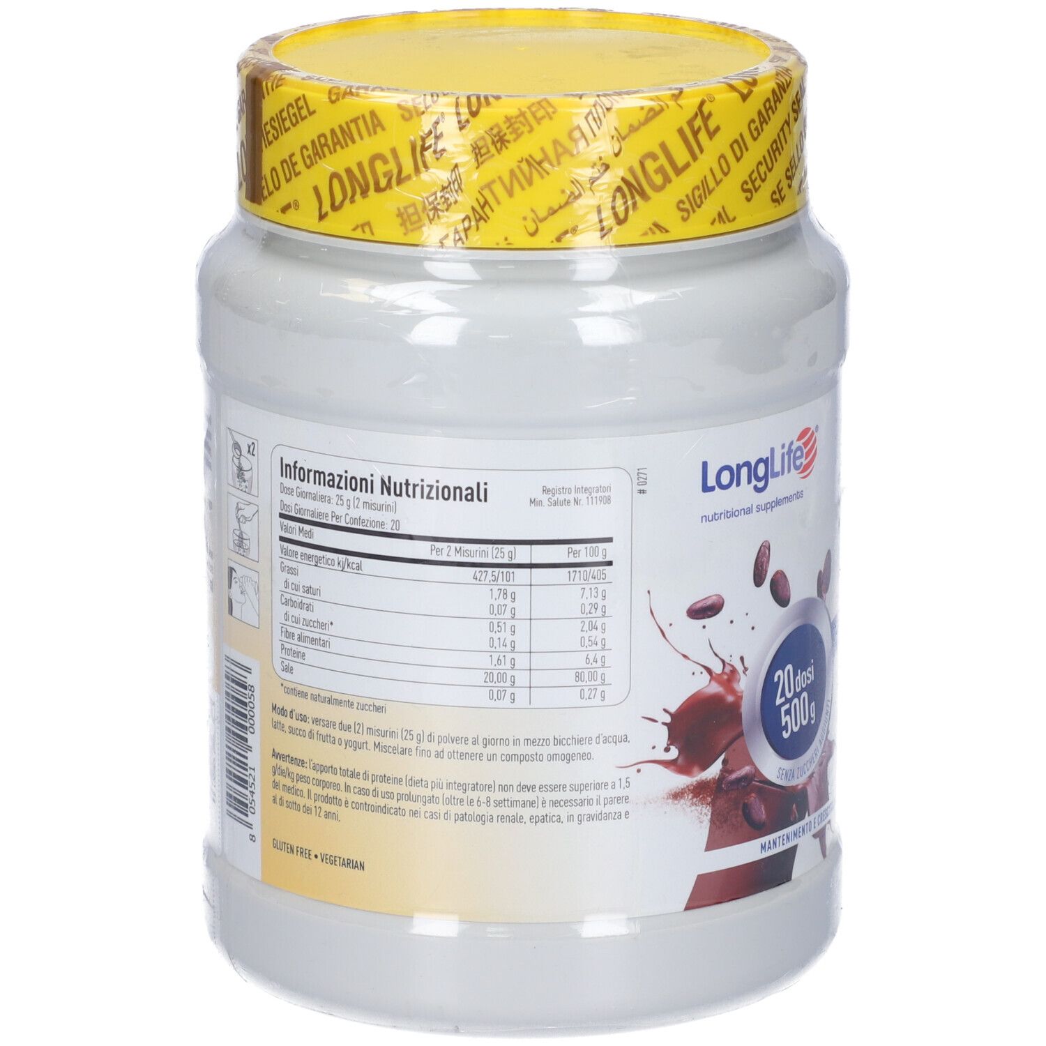 Retro del barattolo di proteine in polvere. Informazioni nutrizionali e ingredienti. Marchio: LongLife. Con 20 dosi e 500g.
