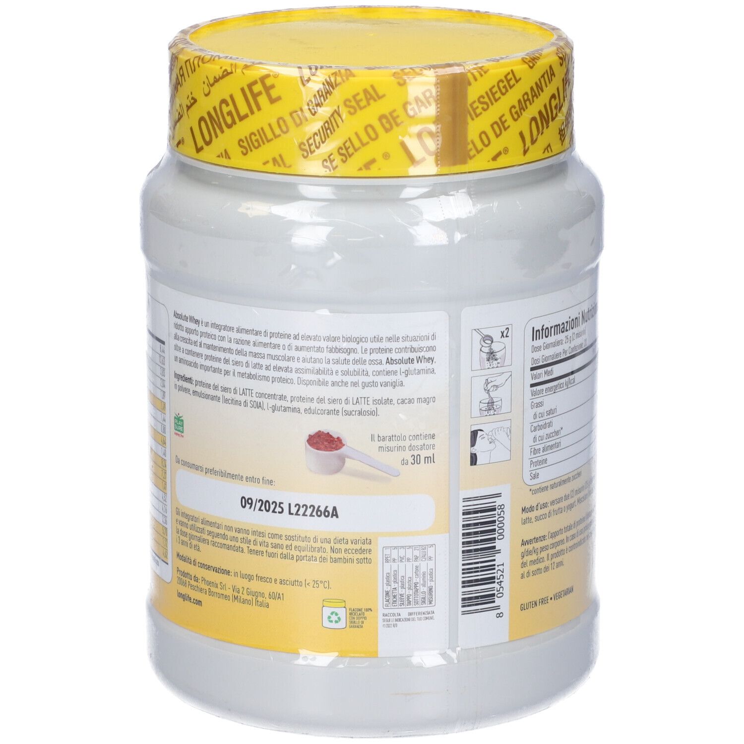 Retro del barattolo di proteine in polvere. Informazioni sull'uso e la conservazione. Marchio: LongLife. Con 20 dosi e 500g.