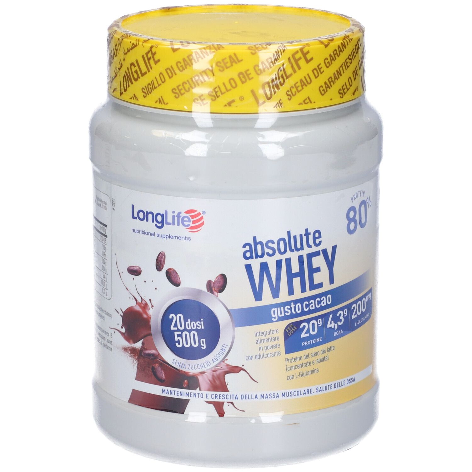 Barattolo bianco di proteine in polvere con coperchio giallo. Scritta: Absolute Whey, Cacao, 500g, 20 dosi. Marchio: LongLife.