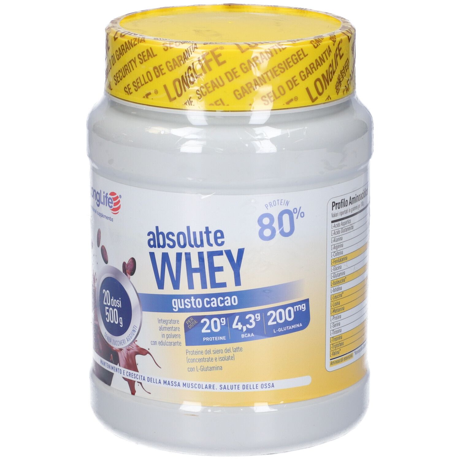 Barattolo bianco di proteine in polvere con coperchio giallo. Scritta: Absolute Whey, Cacao, 500g, 20 dosi. Marchio: LongLife.