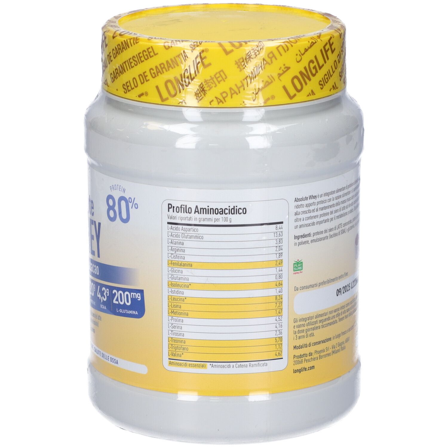 Retro del barattolo di proteine in polvere. Profilo aminoacidico. Marchio: LongLife. Con 20 dosi e 500g.