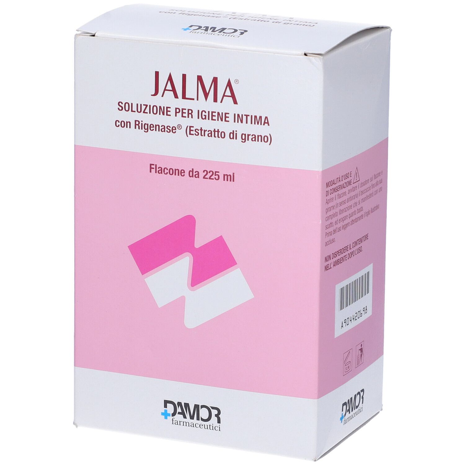 Jalma-Verpackung. Weiße Schachtel mit rosa Elementen. Produktname und Beschreibung in italienischer Sprache. Logo unten.