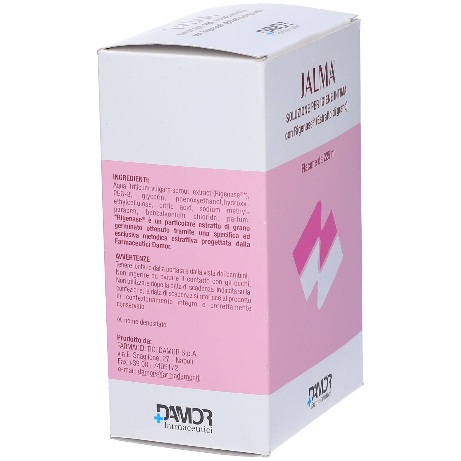 Jalma-Verpackung. Rückseite der Schachtel mit Inhaltsstoffen und Warnhinweisen in italienischer Sprache. Logo unten.