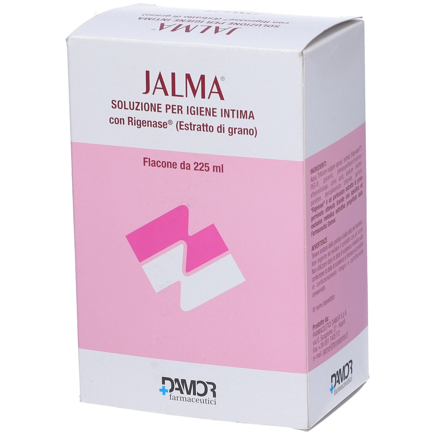 Jalma-Verpackung. Vorderseite der Schachtel mit Produktnamen und Beschreibung in italienischer Sprache. Logo unten.