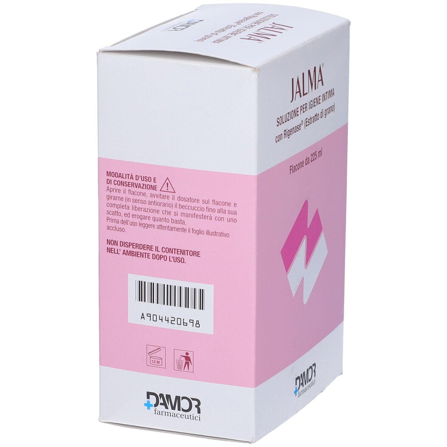 Jalma-Verpackung. Rückseite der Schachtel mit Gebrauchsanweisung und Warnhinweisen in italienischer Sprache. Logo unten.