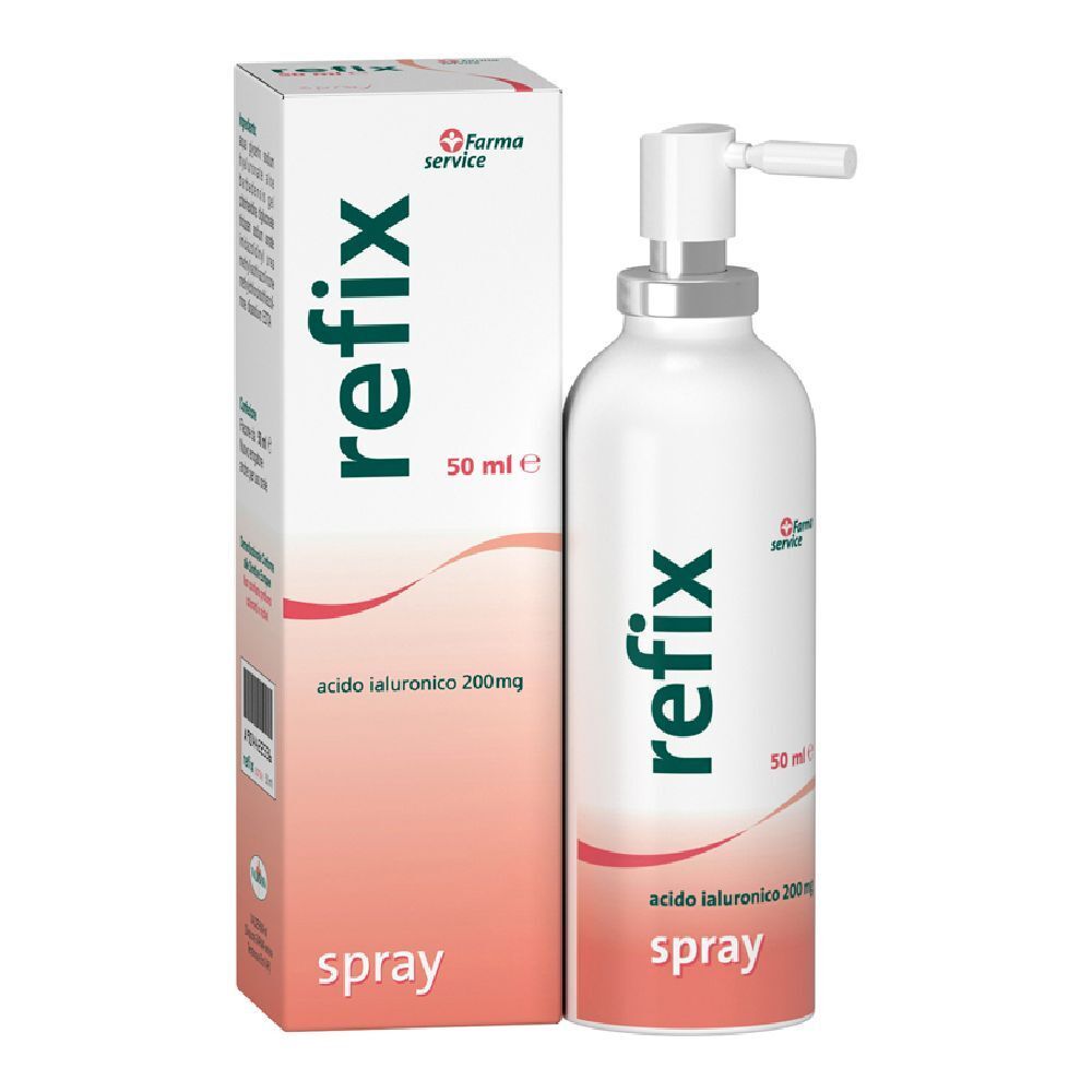 Flacone bianco con spray e scatola. Scritta: Refix Spray, 50 ml, acido ialuronico 200mg. Logo Farma Service.