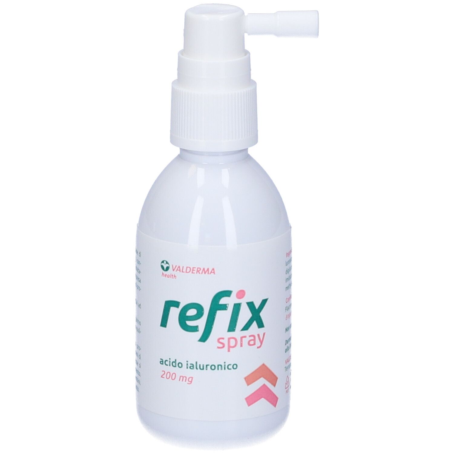 Flacone bianco con spray. Scritta: Refix Spray, acido ialuronico 200mg. Logo Valderma. Frecce rosa e arancioni.