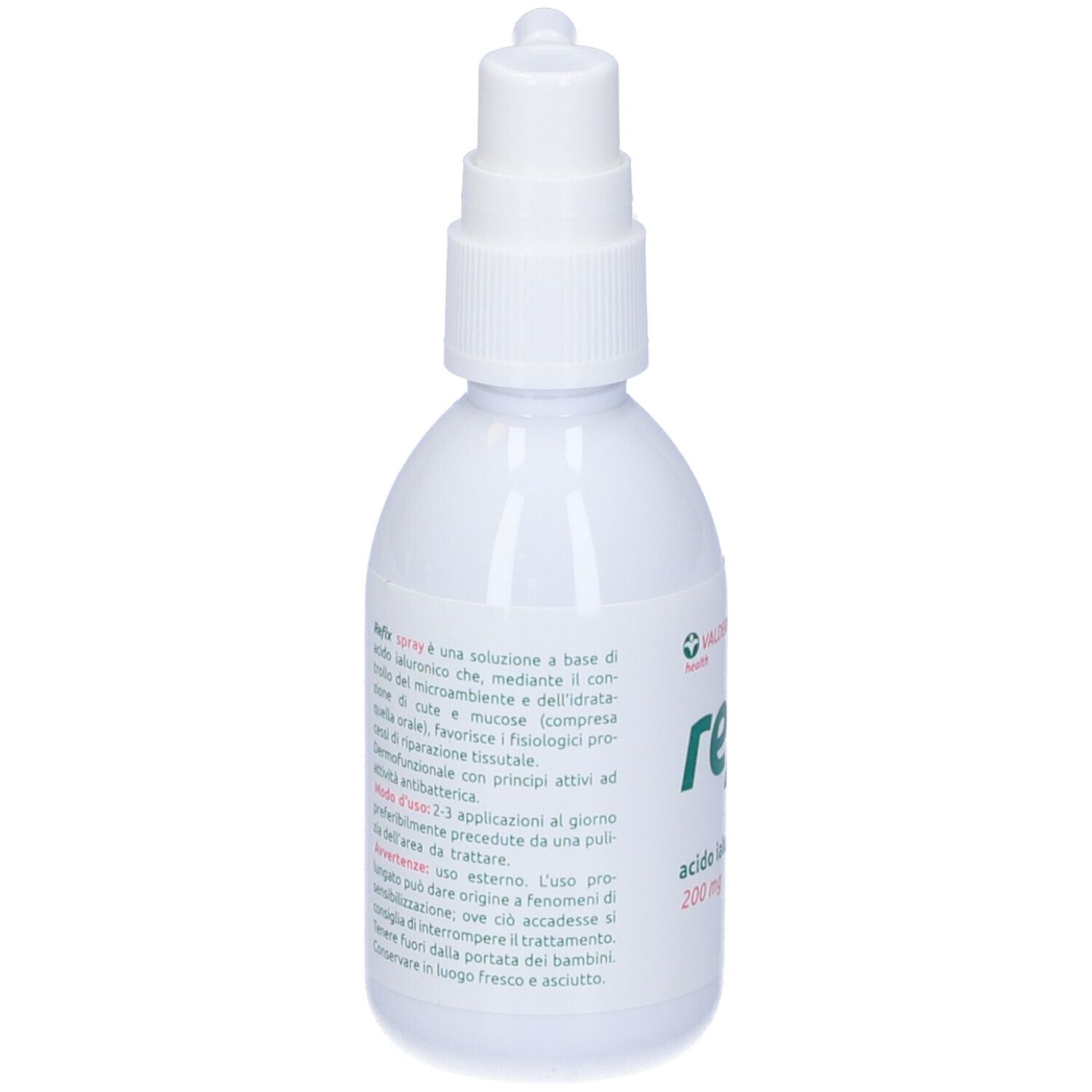 Flacone bianco con spray. Scritta: Refix Spray, acido ialuronico 200mg. Logo Valderma. Testo sul retro.