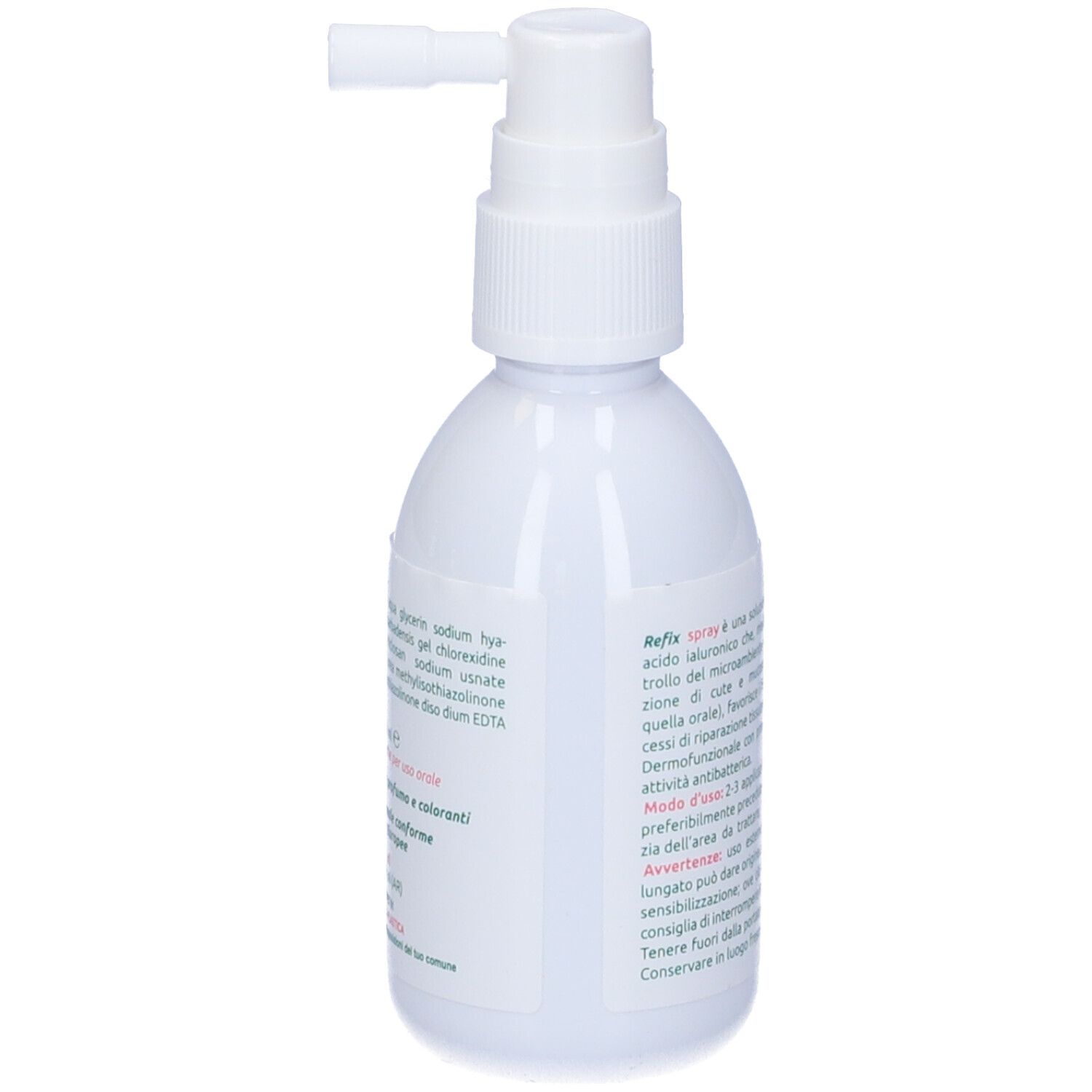 Flacone bianco con spray. Scritta: Refix Spray, acido ialuronico 200mg. Testo sul retro. Logo Valderma.