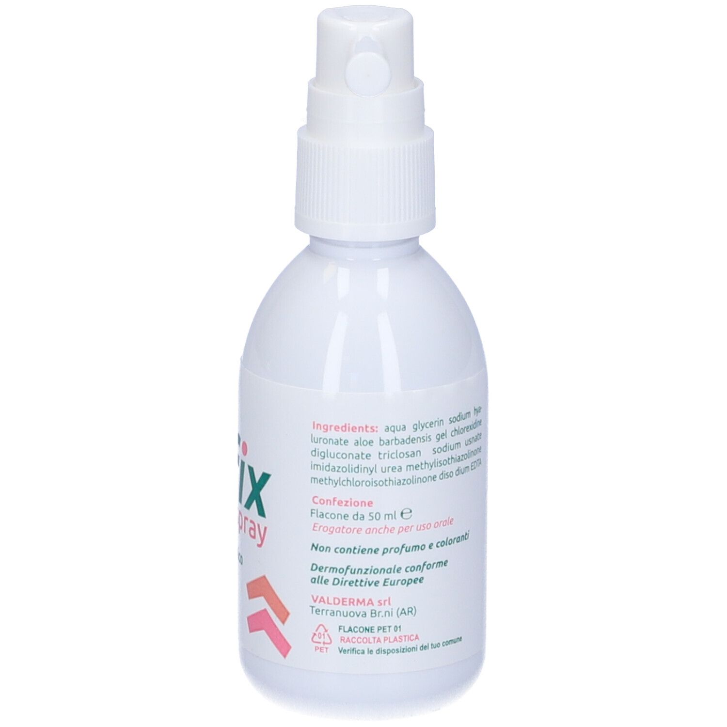 Flacone bianco con spray. Scritta: Refix Spray, 50 ml. Ingredienti e informazioni produttore. Logo Valderma.