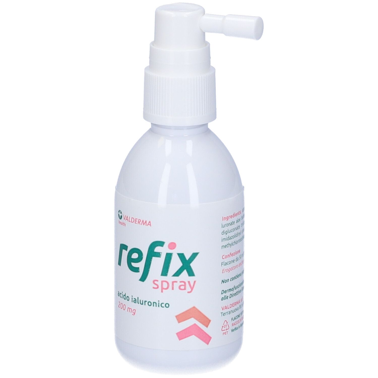 Flacone bianco con spray. Scritta: Refix Spray, acido ialuronico 200mg. Logo Valderma. Frecce rosa e arancioni.