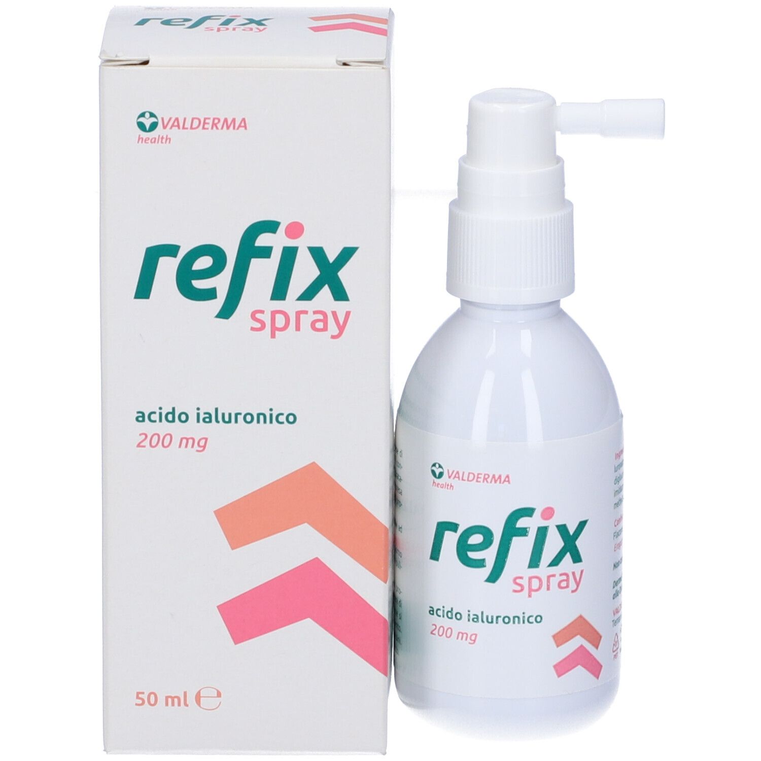 Flacone bianco con spray e scatola. Scritta: Refix Spray, acido ialuronico 200mg, 50 ml. Logo Valderma.