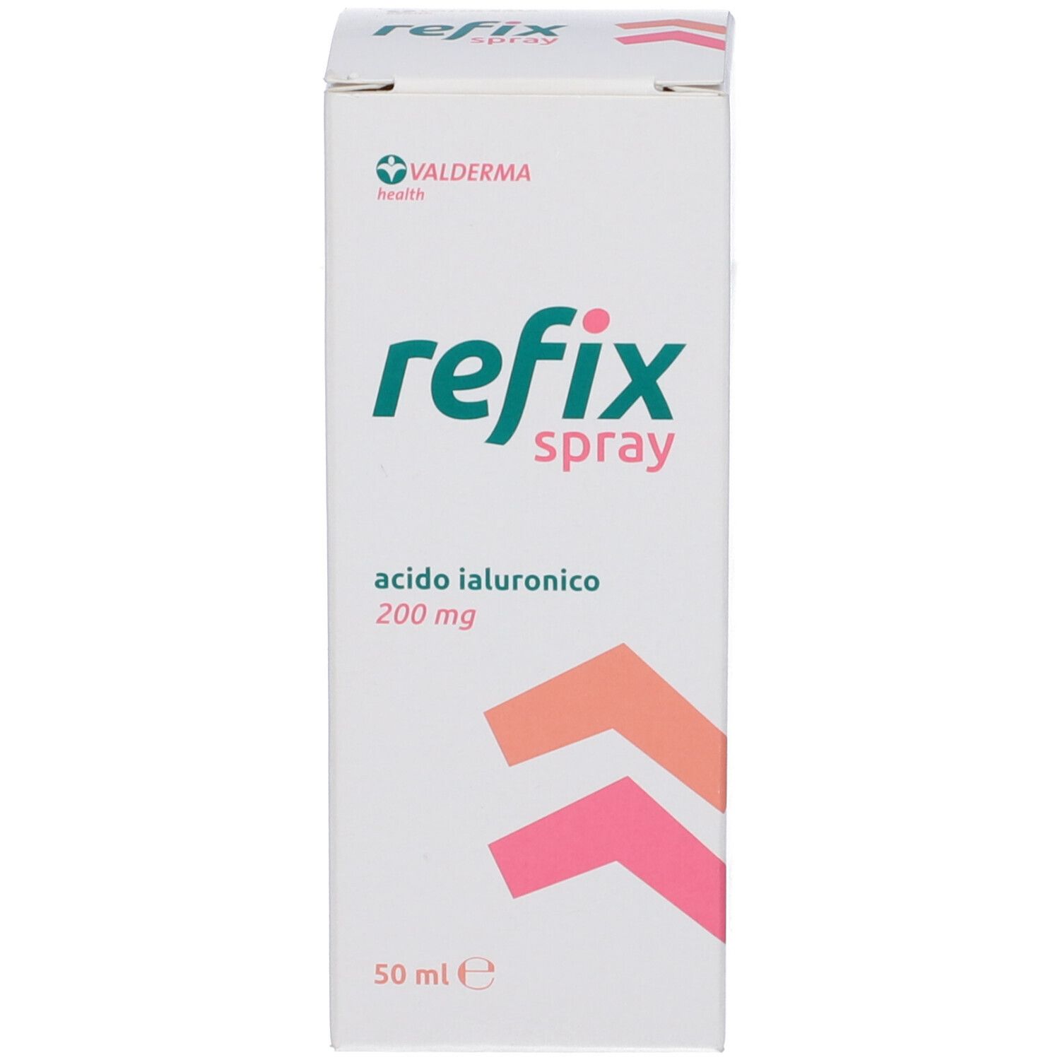 Scatola con scritta: Refix Spray, acido ialuronico 200mg, 50 ml. Logo Valderma. Frecce rosa e arancioni.