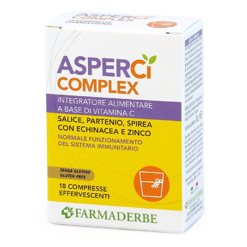 Scatola "AsperCi COMPLEX". Contiene 18 compresse effervescenti. Scritto: "Integratore alimentare a base di vitamina C".