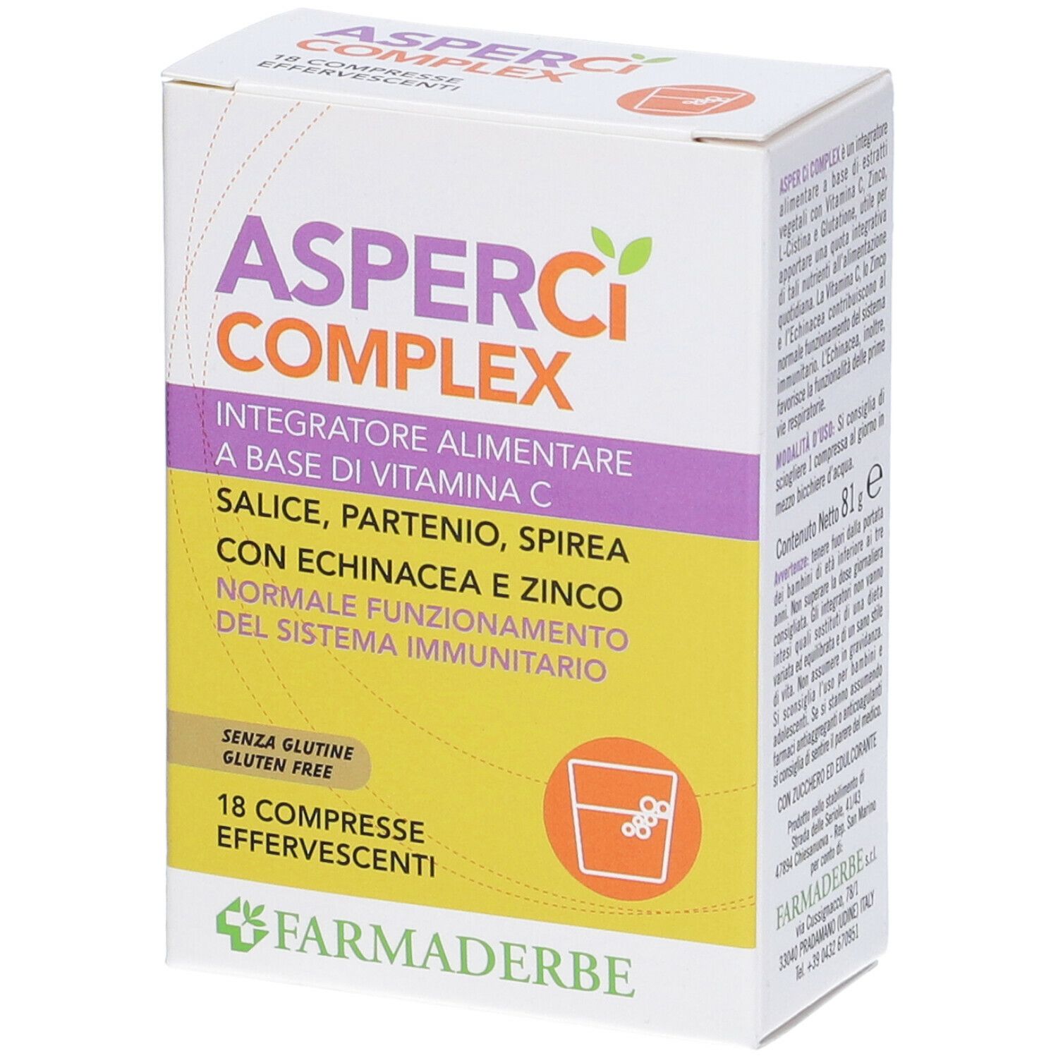 Scatola "AsperCi COMPLEX". Contiene 18 compresse effervescenti. Scritto: "Integratore alimentare a base di vitamina C".