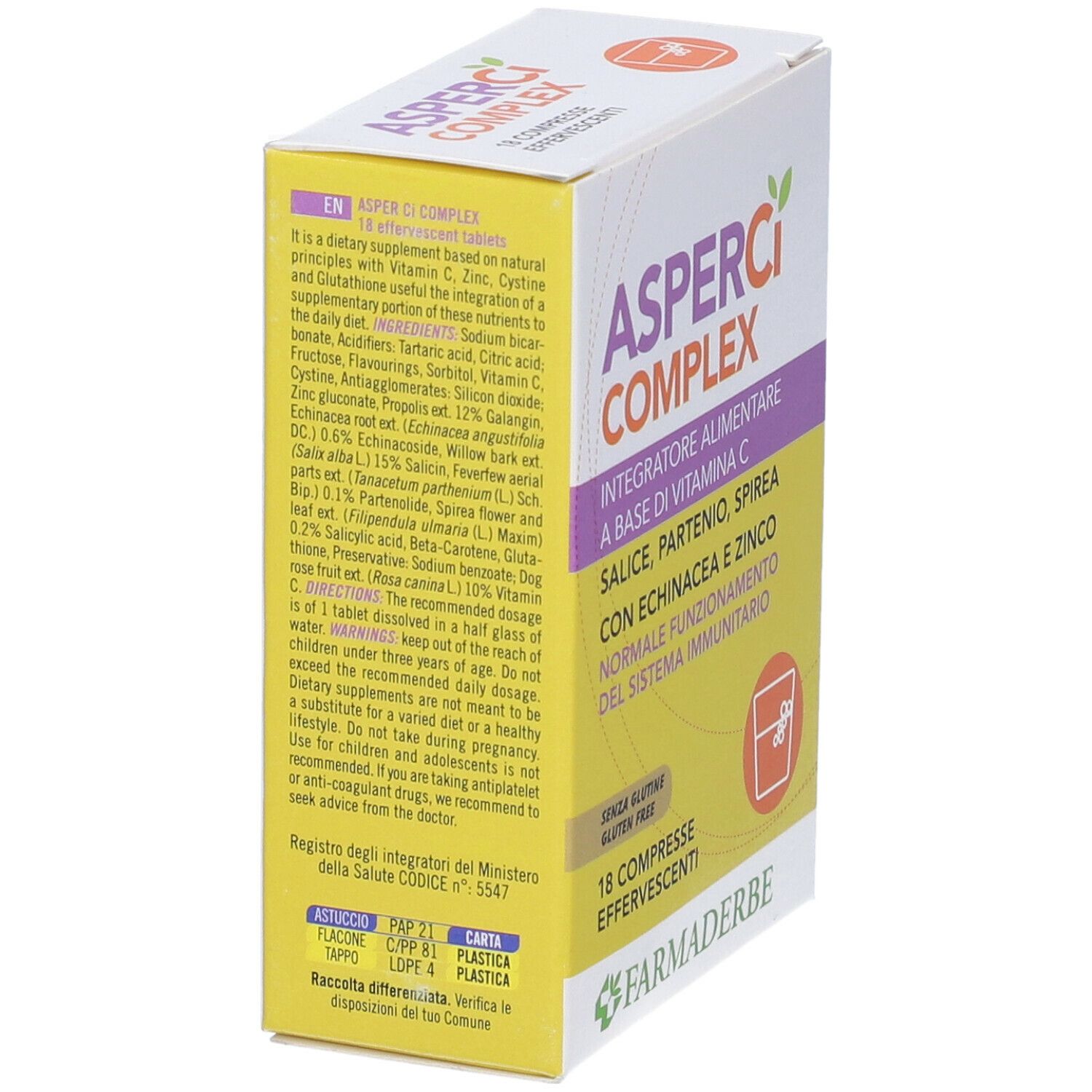 Scatola "AsperCi COMPLEX". Retro con ingredienti e informazioni nutrizionali. Contiene 18 compresse effervescenti.
