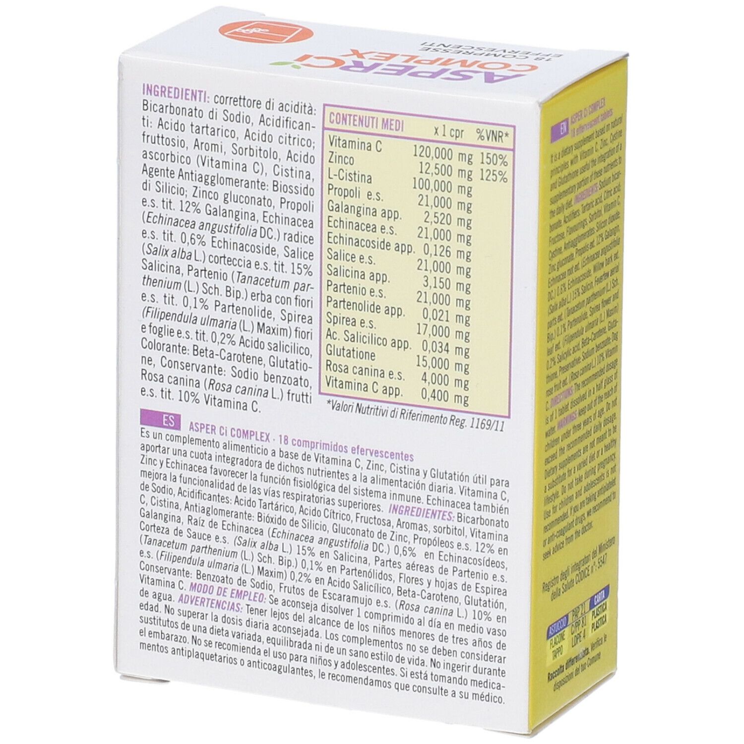 Scatola "AsperCi COMPLEX". Retro con ingredienti e informazioni nutrizionali. Contiene 18 compresse effervescenti.