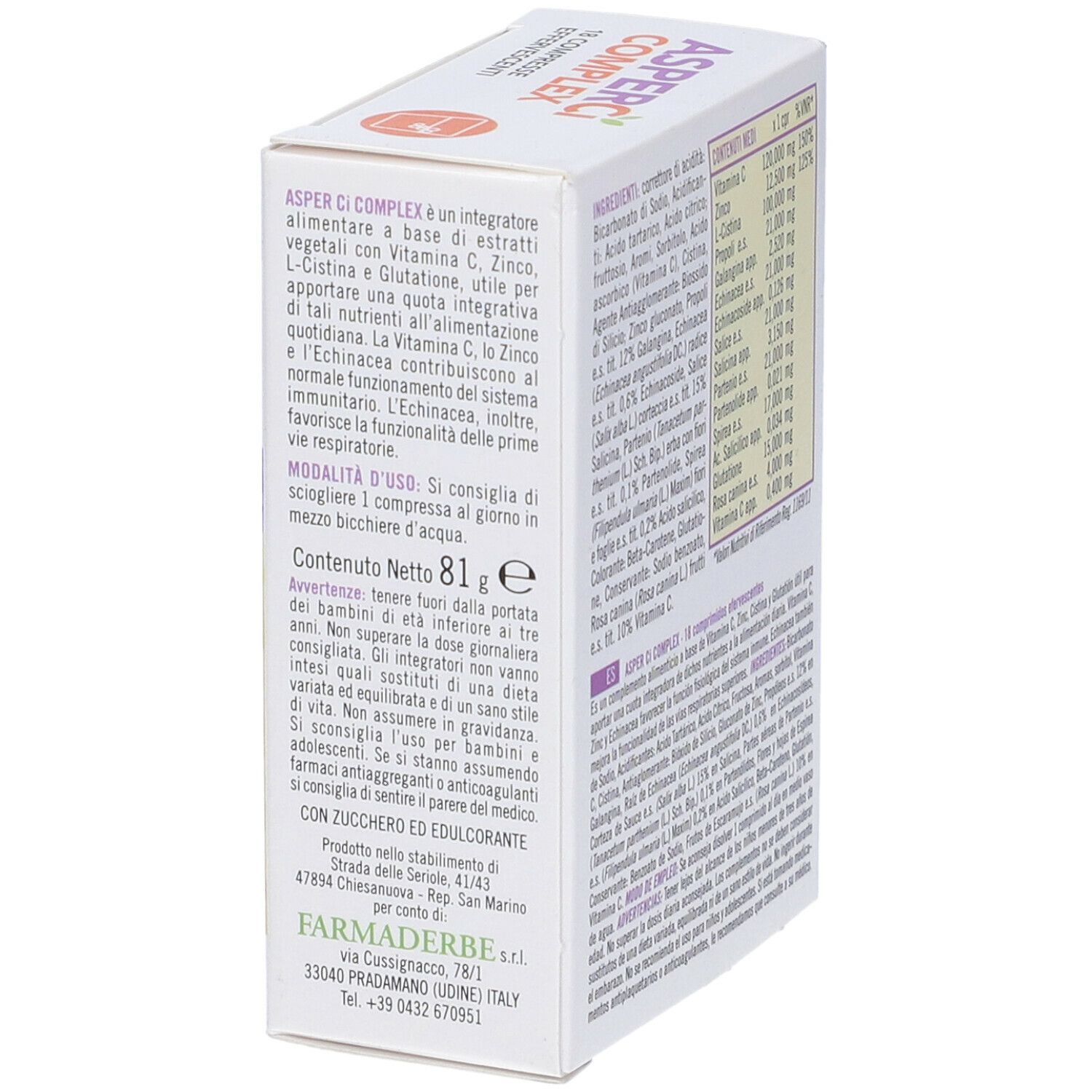 Scatola "AsperCi COMPLEX". Lato con ingredienti e istruzioni per l'uso. Contiene 18 compresse effervescenti.