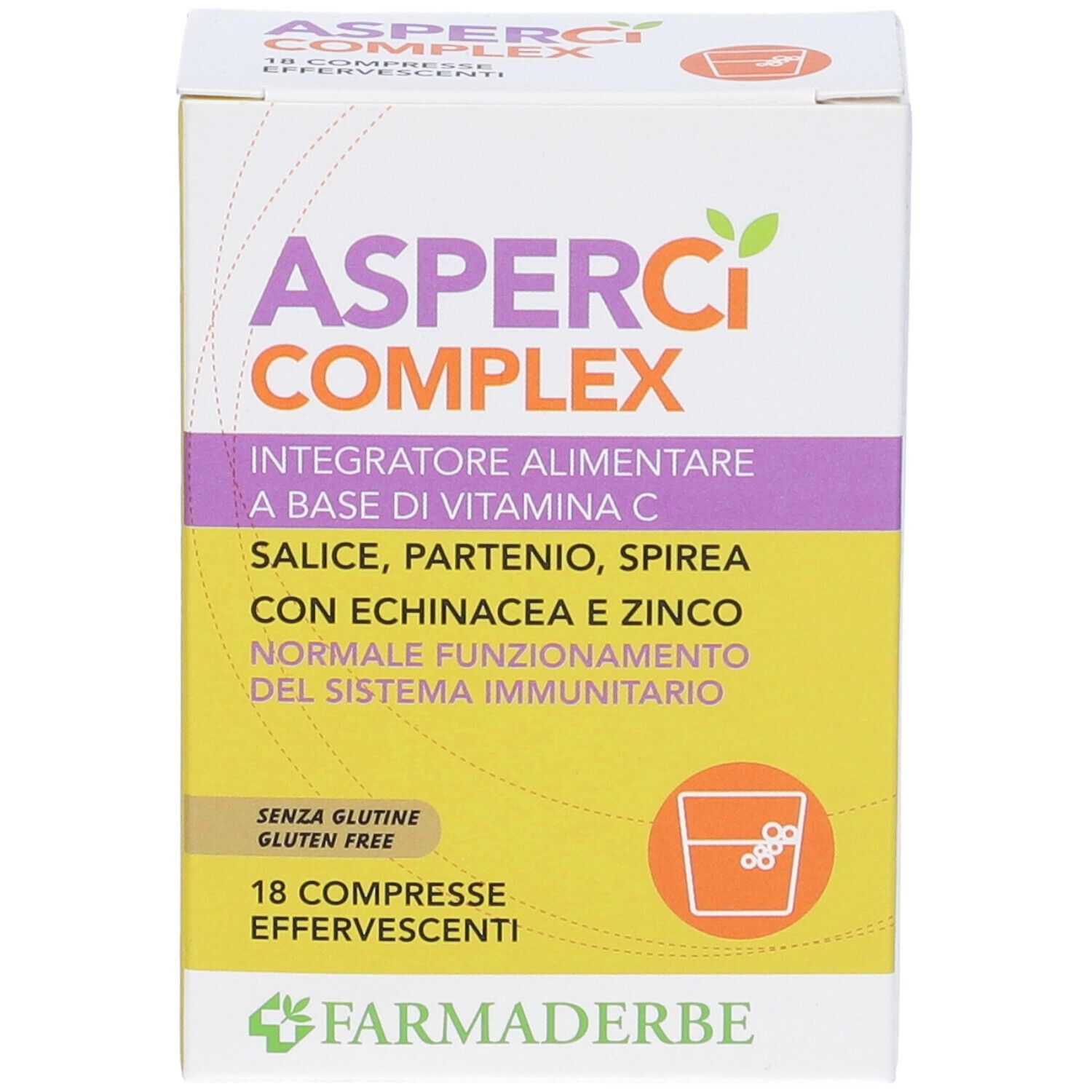 Scatola "AsperCi COMPLEX". Contiene 18 compresse effervescenti. Scritto: "Integratore alimentare a base di vitamina C".