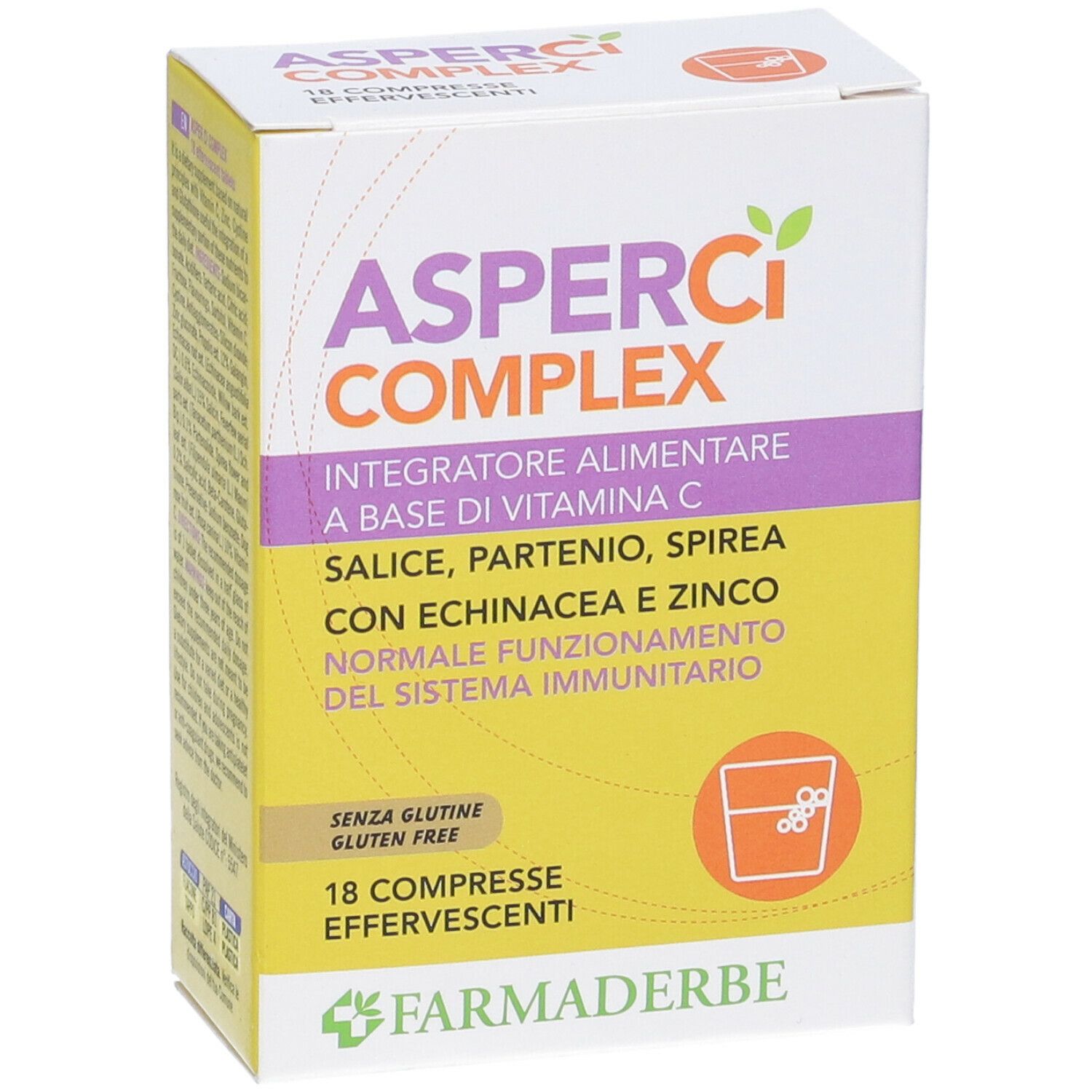 Scatola "AsperCi COMPLEX". Contiene 18 compresse effervescenti. Scritto: "Integratore alimentare a base di vitamina C".