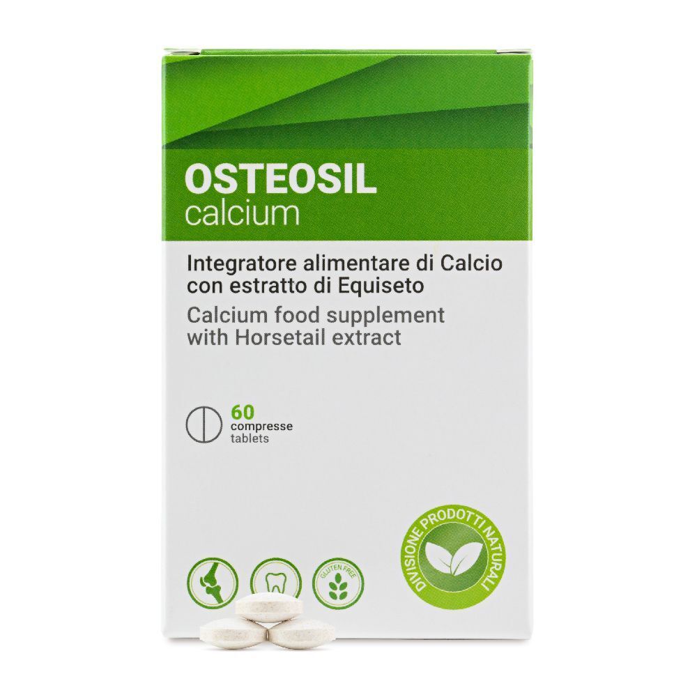 Schachtel mit Osteosil Calcium Tabletten. Aufschrift: Calcium, 60 Tabletten. Grün-weiße Verpackung.