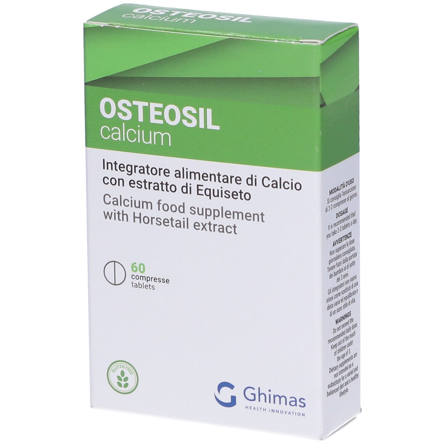Schachtel mit Osteosil Calcium Tabletten. Aufschrift: Calcium, 60 Tabletten. Marke Ghimas. Grün-weiße Verpackung.