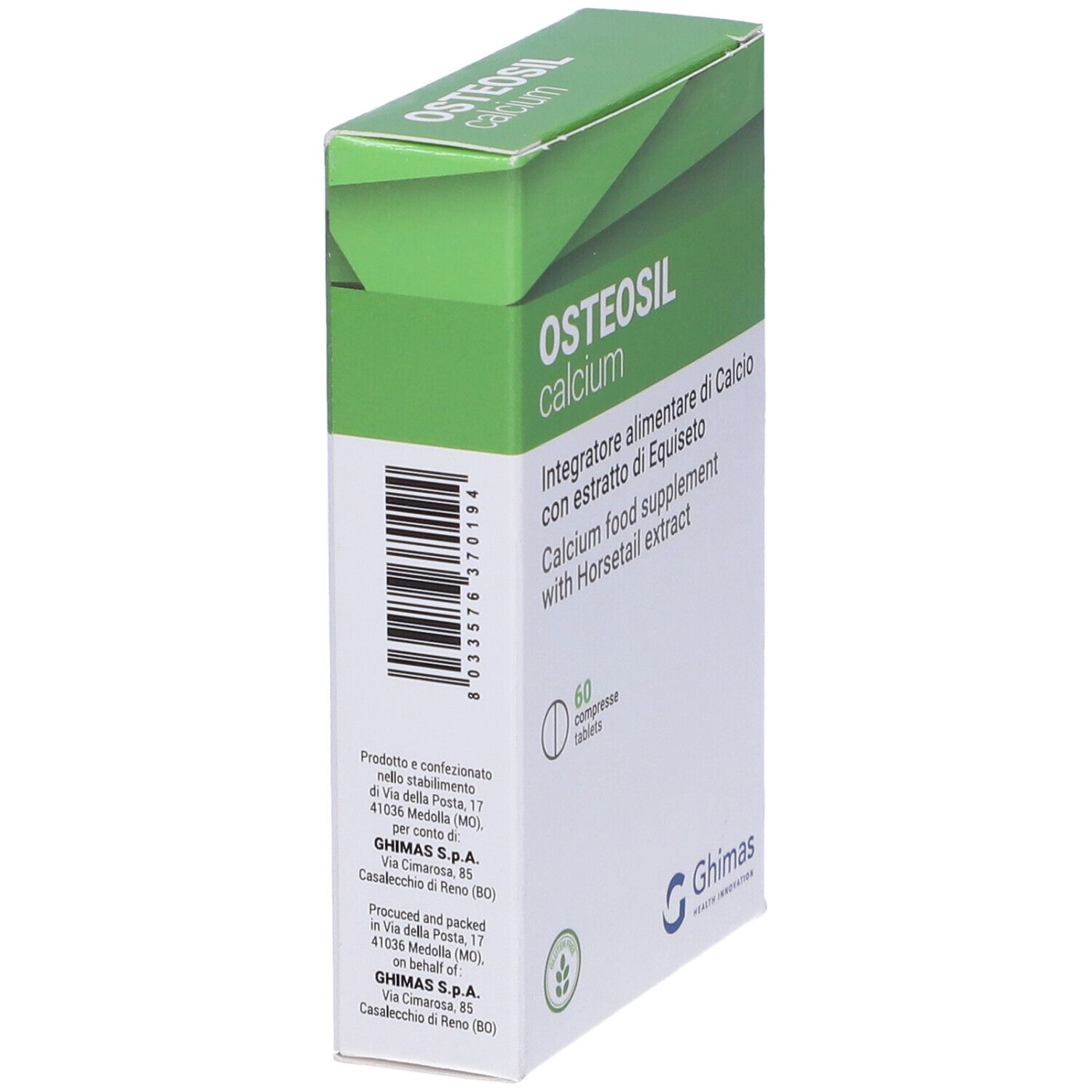 Schachtel mit Osteosil Calcium Tabletten. Aufschrift: Calcium, 60 Tabletten. Marke Ghimas. Grün-weiße Verpackung.