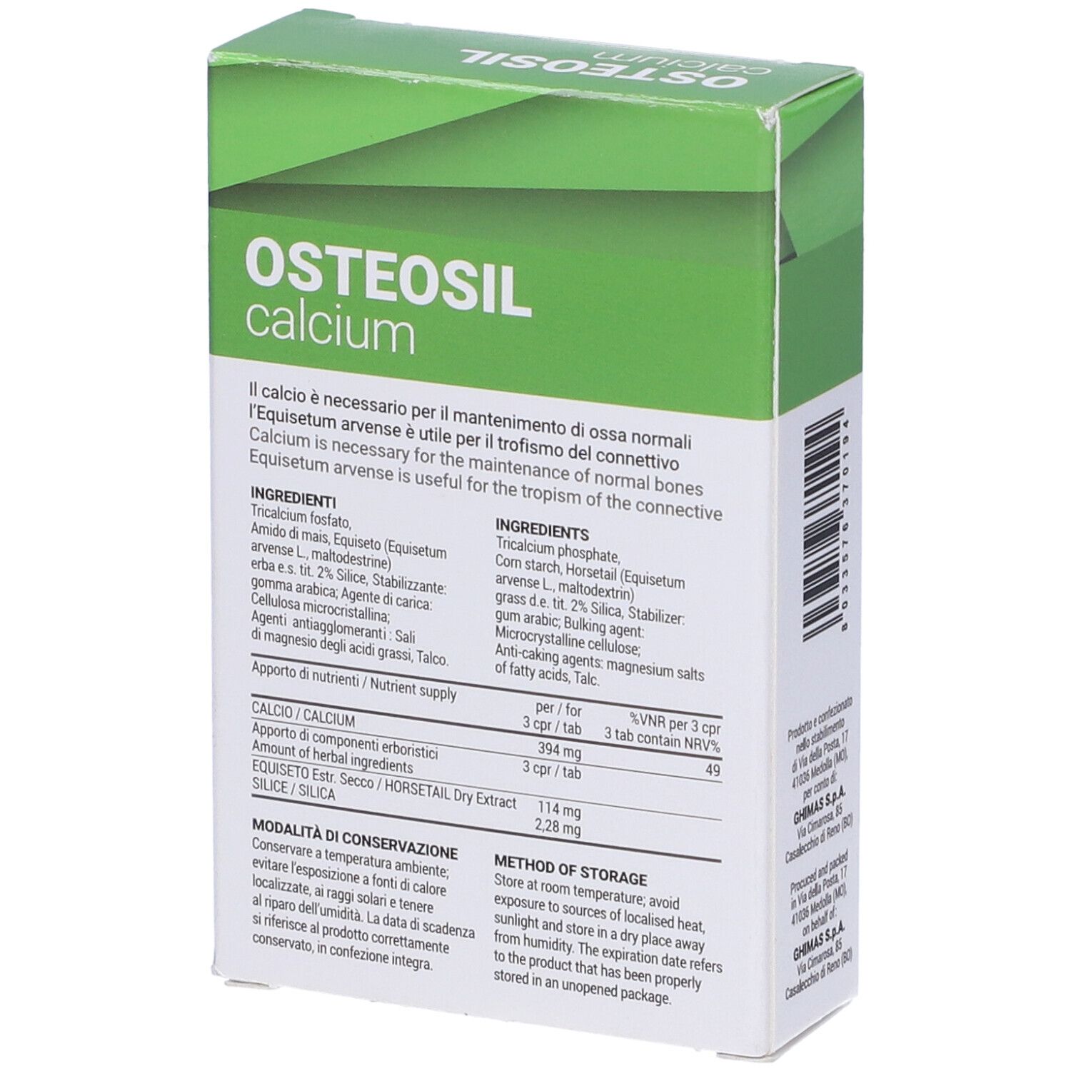 Schachtel mit Osteosil Calcium Tabletten. Aufschrift: Calcium, 60 Tabletten. Rückseite mit Inhaltsstoffen und Anwendung.