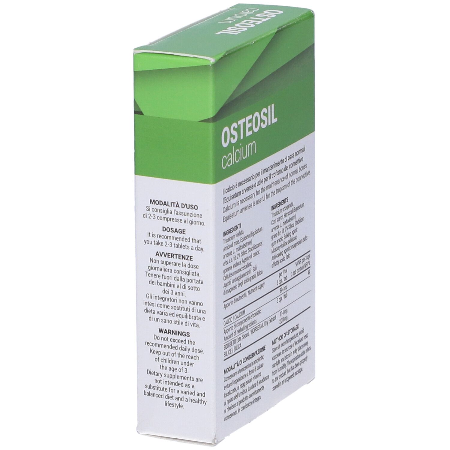 Schachtel mit Osteosil Calcium Tabletten. Aufschrift: Calcium, 60 Tabletten. Rückseite mit Anwendungshinweisen.