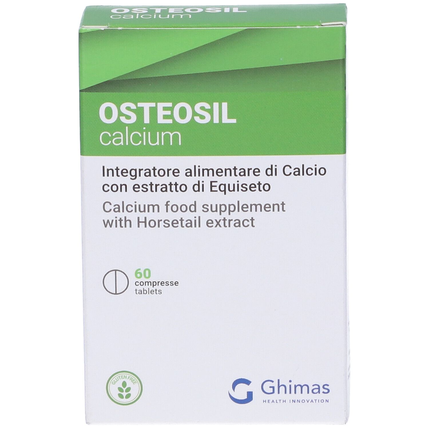 Schachtel mit Osteosil Calcium Tabletten. Aufschrift: Calcium, 60 Tabletten. Grün-weiße Verpackung. Marke Ghimas.