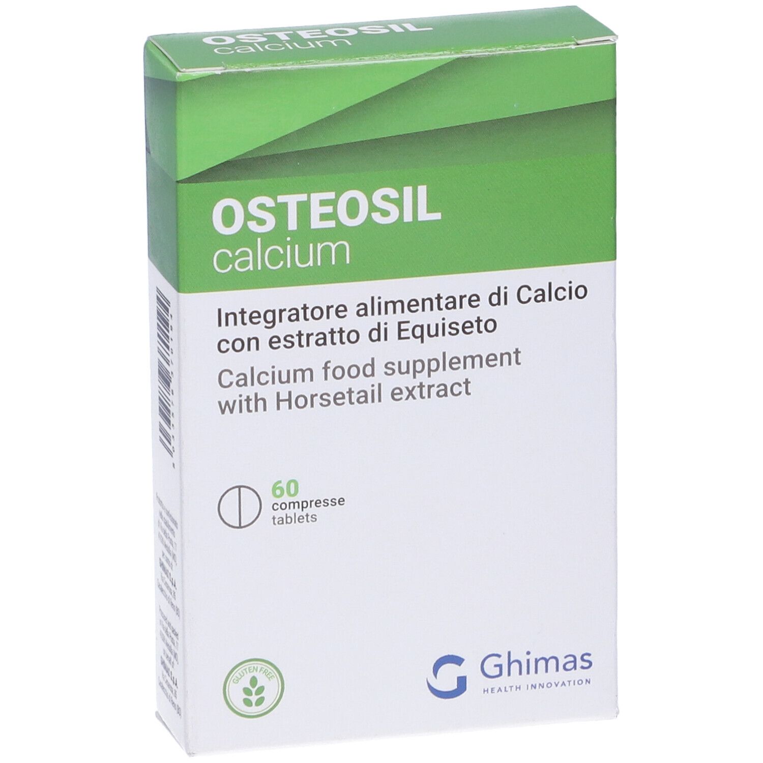 Schachtel mit Osteosil Calcium Tabletten. Aufschrift: Calcium, 60 Tabletten. Marke Ghimas. Grün-weiße Verpackung.