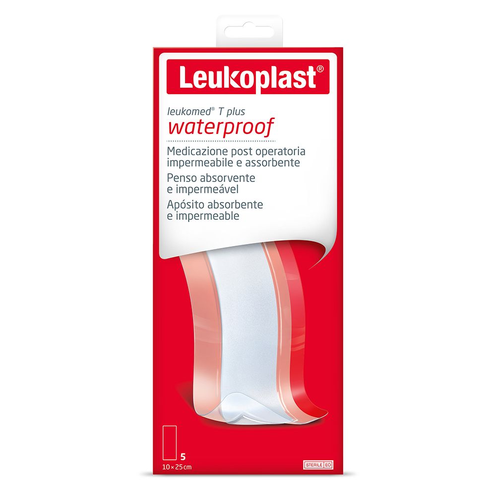 Rote Verpackung mit Leukoplast-Logo und Produktbezeichnung. Zeigt eine transparente Wundauflage. Enthält 5 Stück, 10x25cm.