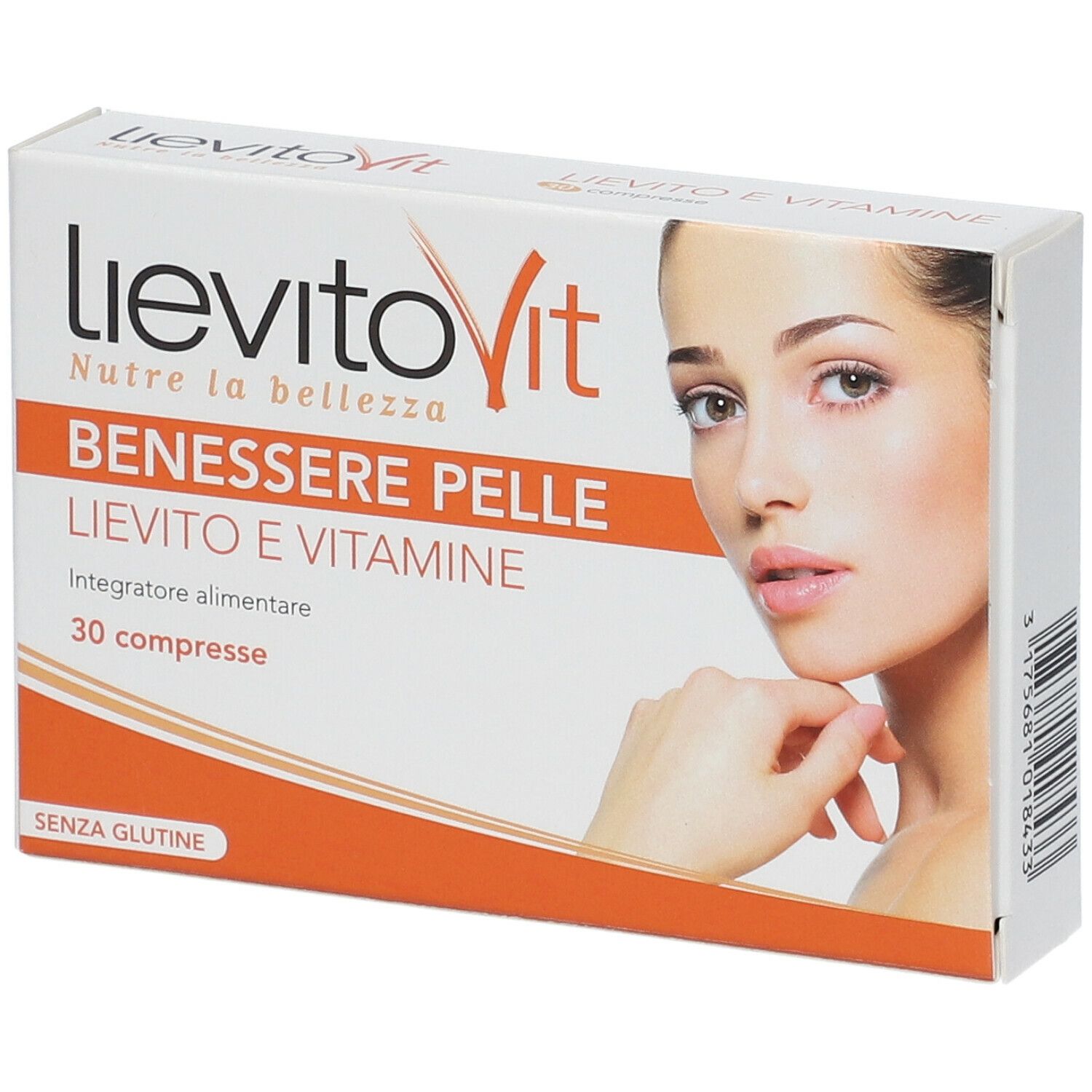 Scatola di LievitoVit BENESSERE PELLE. Contiene 30 compresse. Stampa con nome prodotto e volto femminile.
