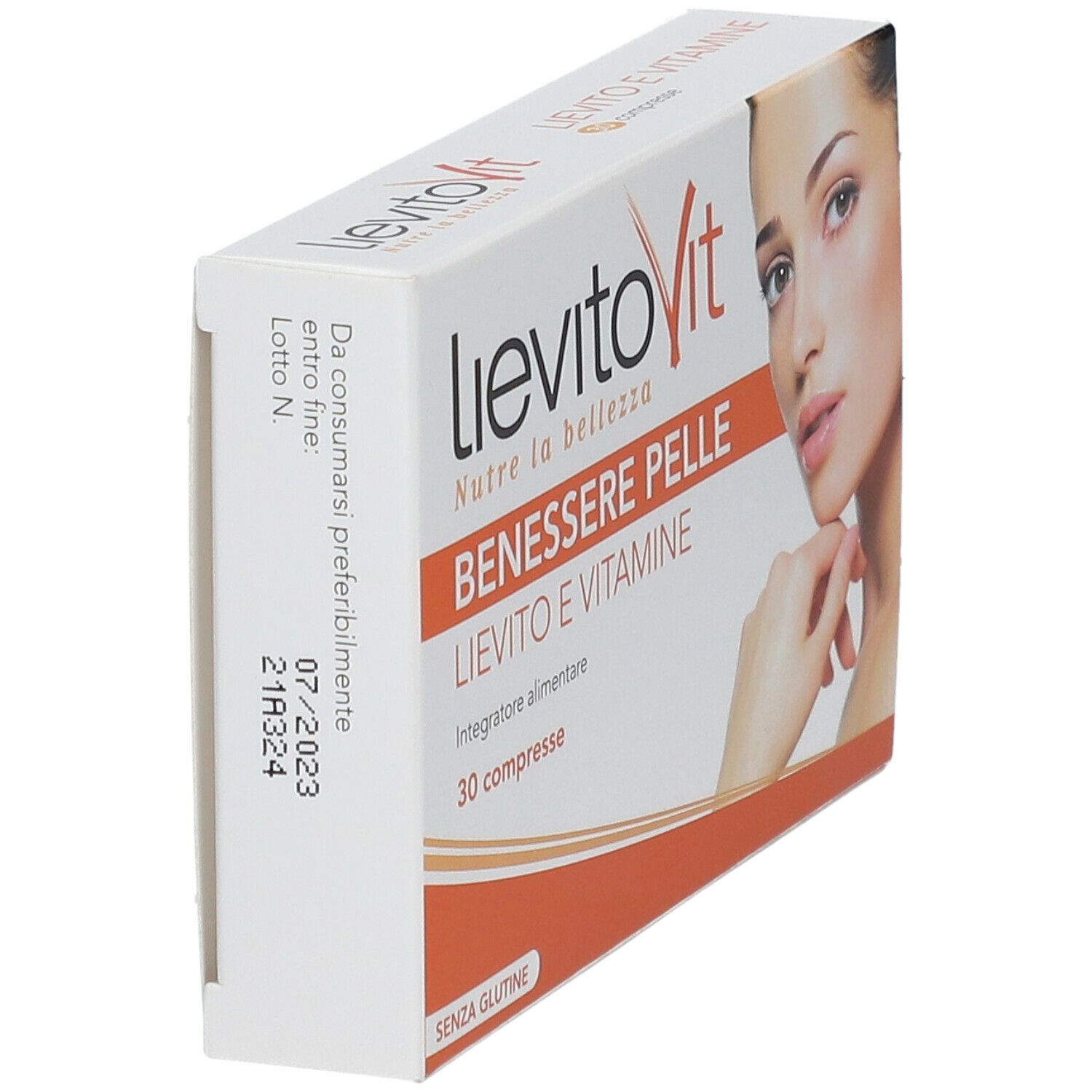 Vista laterale della confezione LievitoVit BENESSERE PELLE. Contiene 30 compresse. Stampa con nome prodotto e volto femminile.