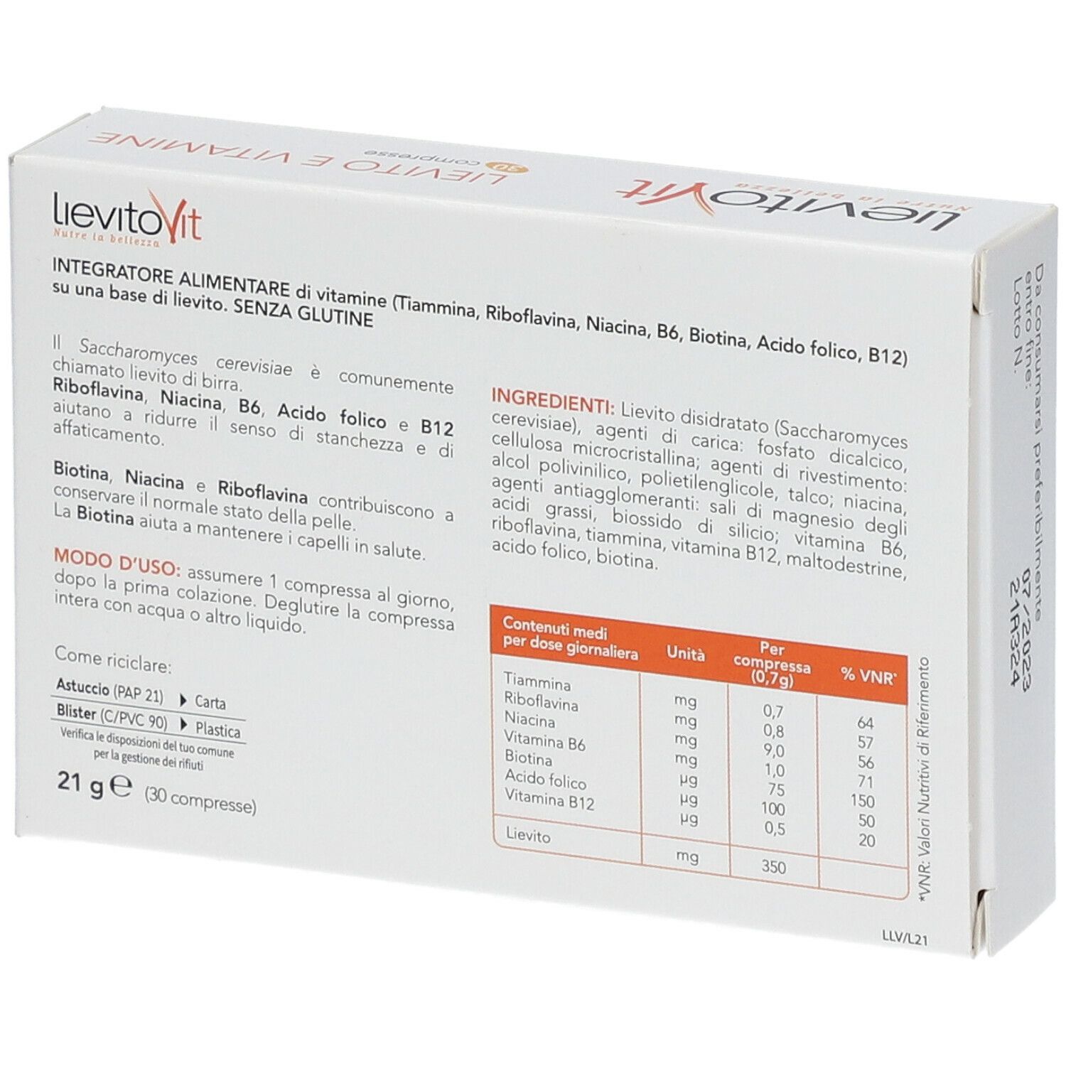 Retro della confezione LievitoVit BENESSERE PELLE. Contiene ingredienti e informazioni nutrizionali. Testo in italiano.