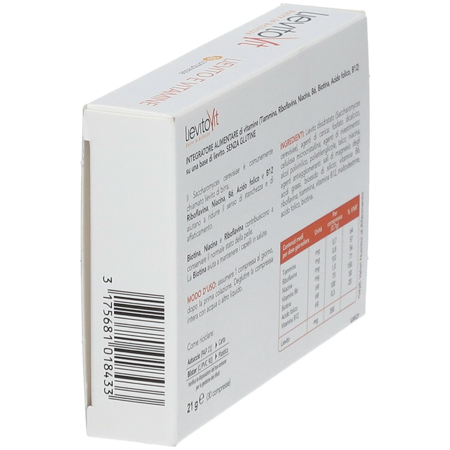 Vista obliqua della confezione LievitoVit BENESSERE PELLE. Contiene ingredienti e informazioni nutrizionali. Testo in italiano.