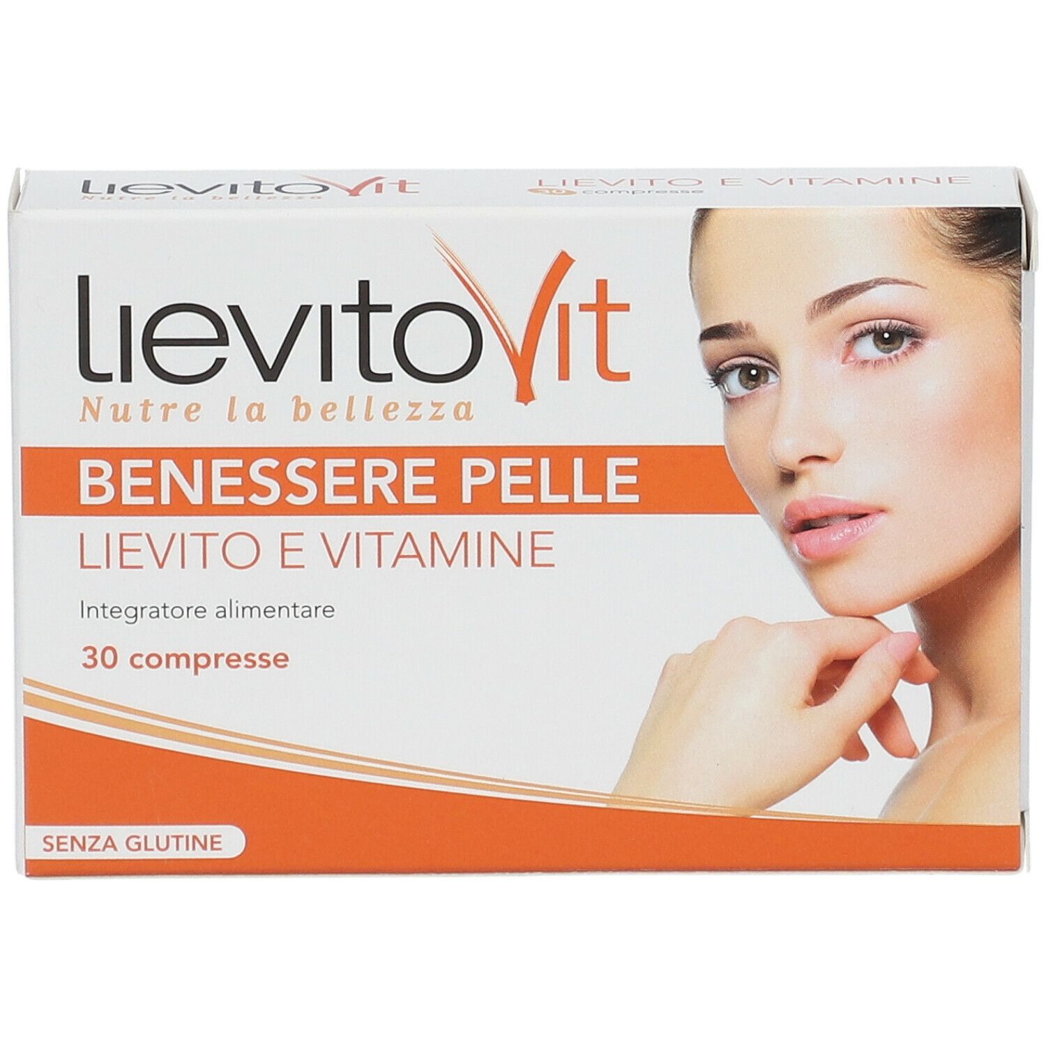 Vista frontale della confezione LievitoVit BENESSERE PELLE. Contiene 30 compresse. Stampa con nome prodotto e volto femminile.