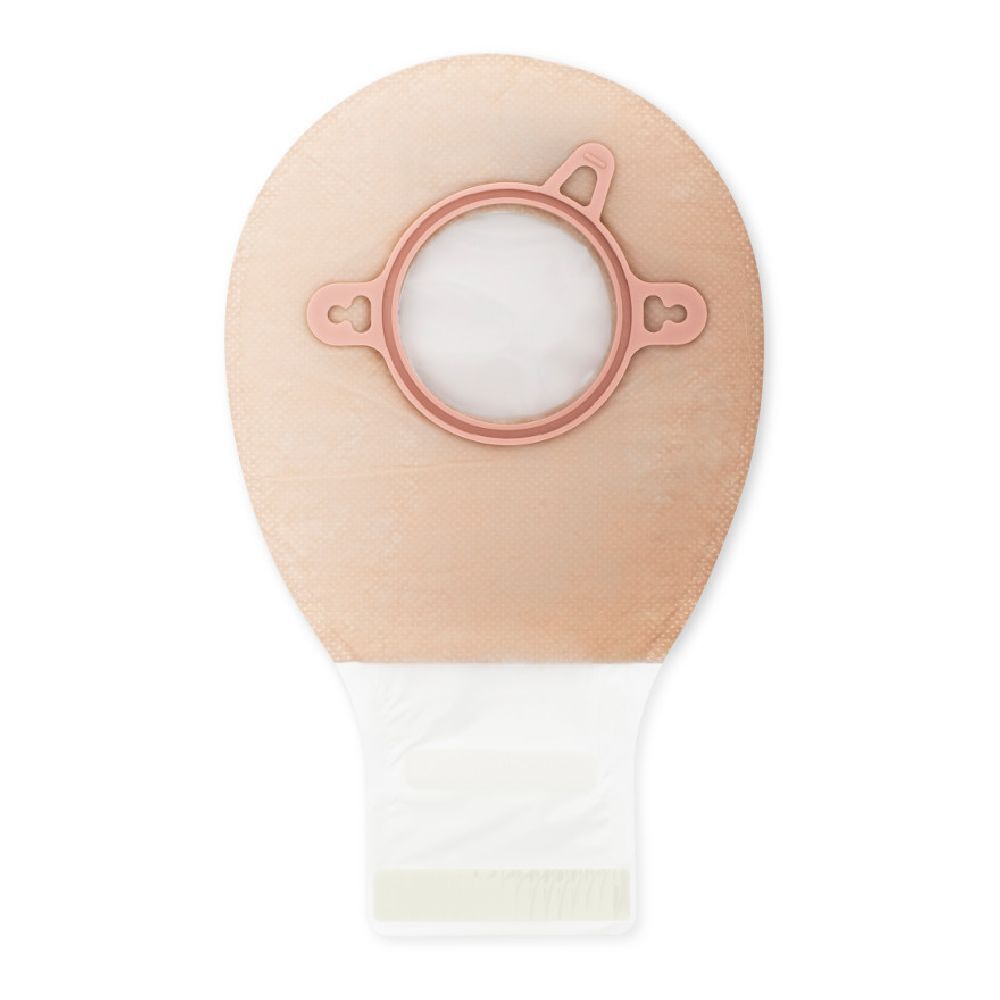Sacchetto medico. Sacchetto color pelle con anello rosa e chiusura bianca.