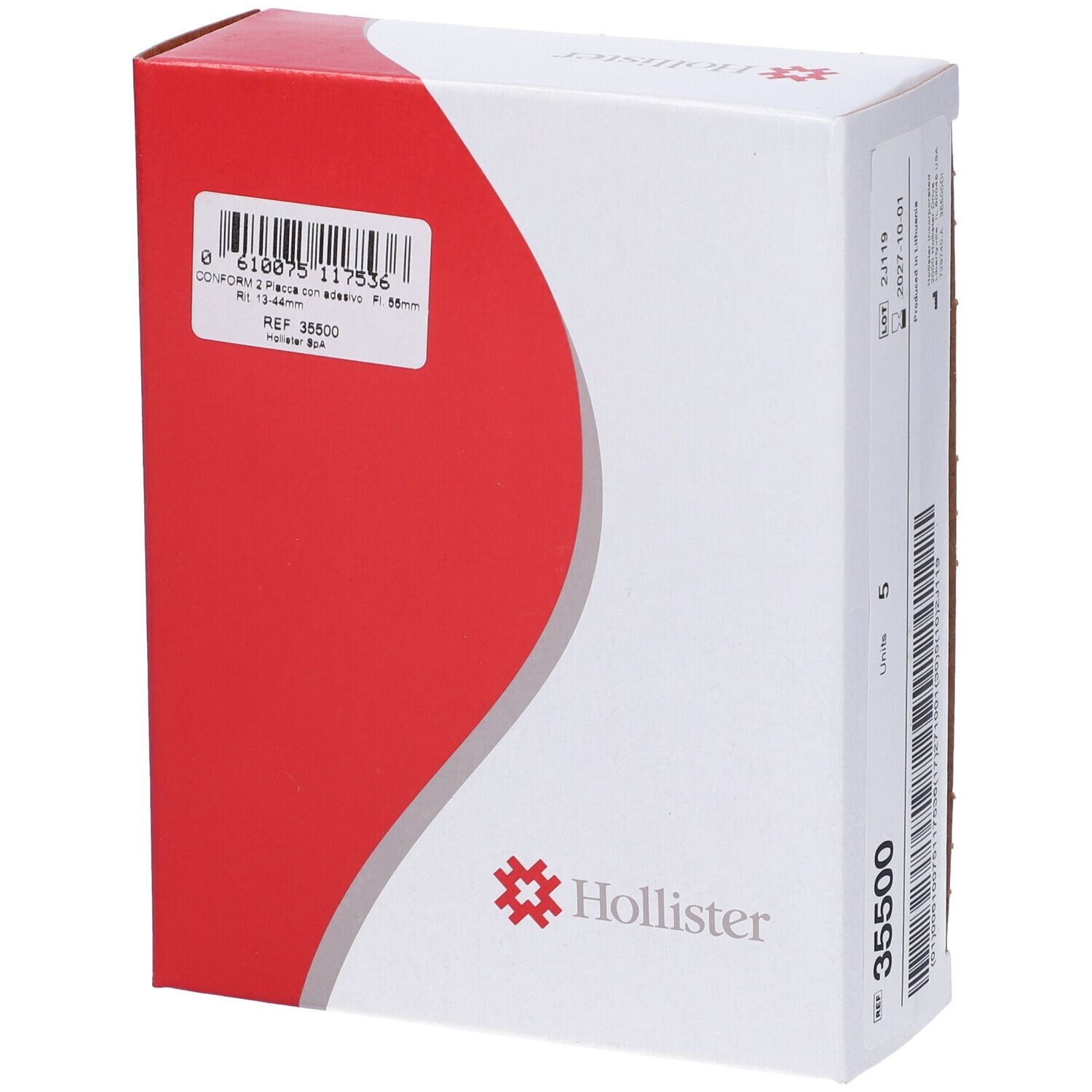 Confezione bianca e rossa. Codice a barre e informazioni sul prodotto. Logo Hollister. Testo: Placca Con Adesivo Flangia Flottante.