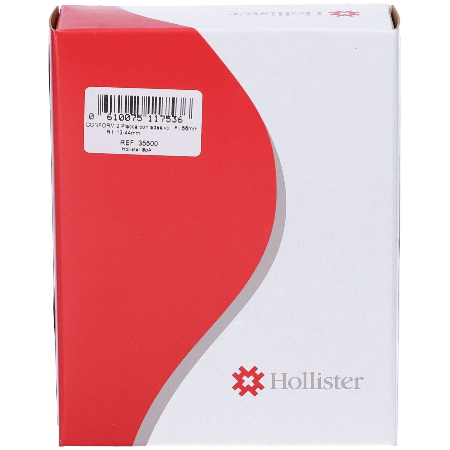 Confezione bianca e rossa. Codice a barre e informazioni sul prodotto. Logo Hollister. Testo: Conform 2 Placca con adesivo.
