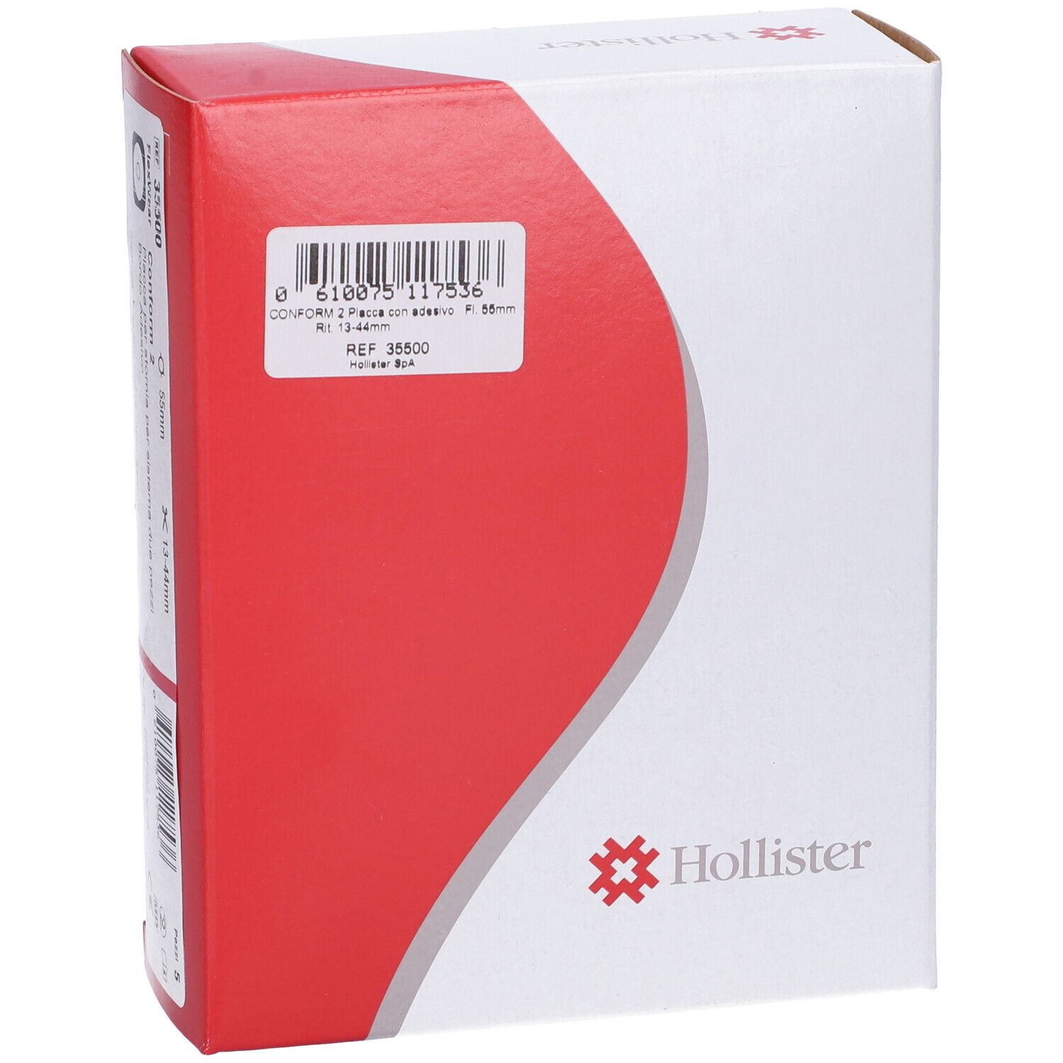 Confezione bianca e rossa. Codice a barre e informazioni sul prodotto. Logo Hollister. Testo: Conform 2 Placca con adesivo.