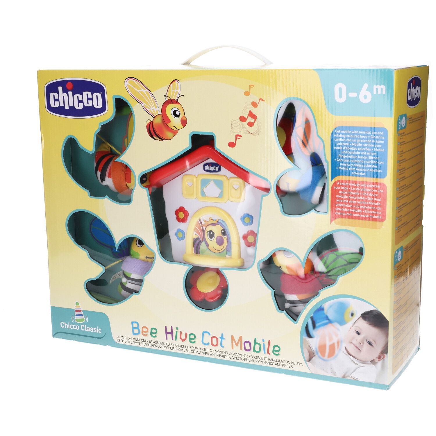 Confezione Chicco Bee Hive Cot Mobile. Contiene mobile, api, casa e bambino. Età 0-6 mesi.