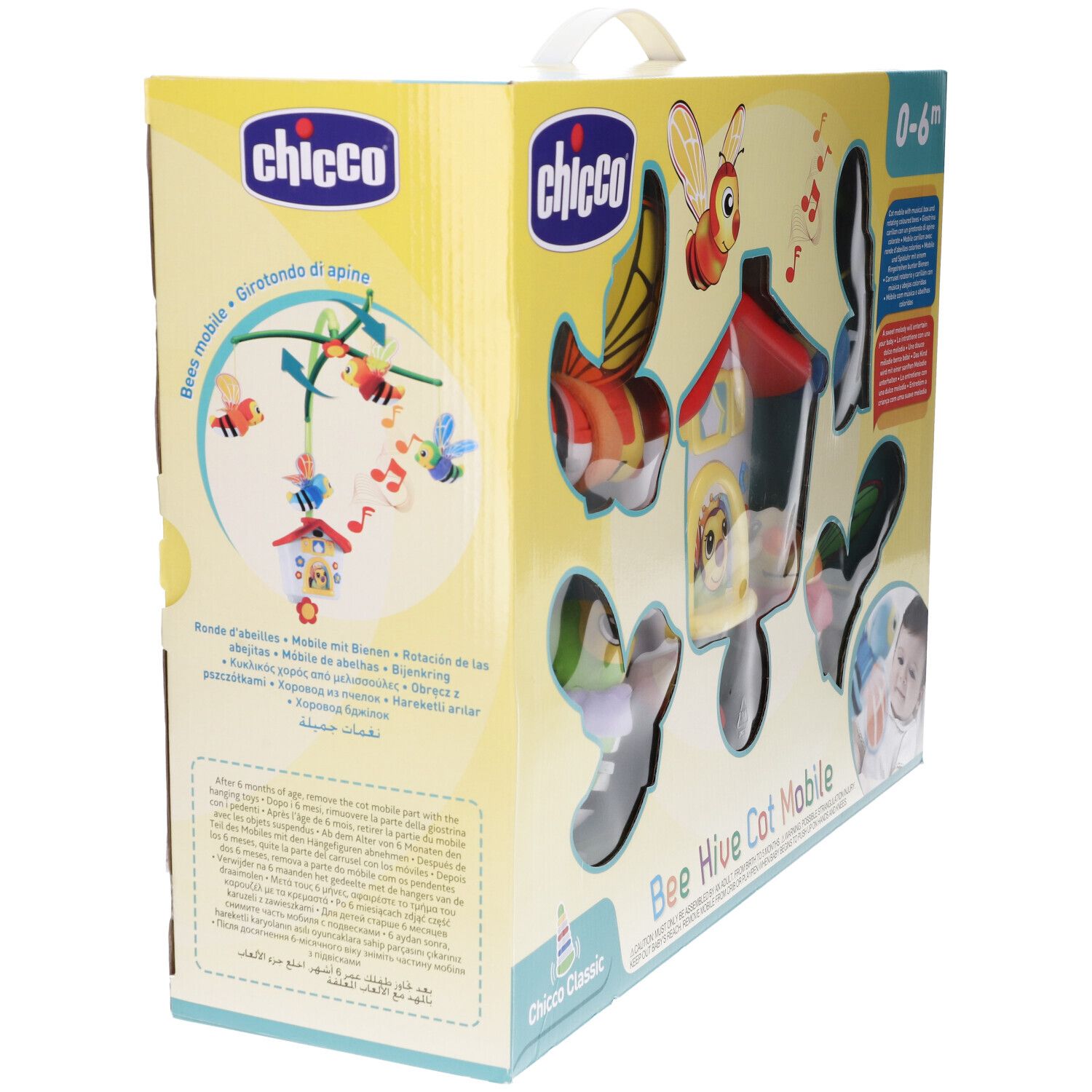 Confezione Chicco Bee Hive Cot Mobile. Vista laterale. Contiene mobile, api, casa e testo.