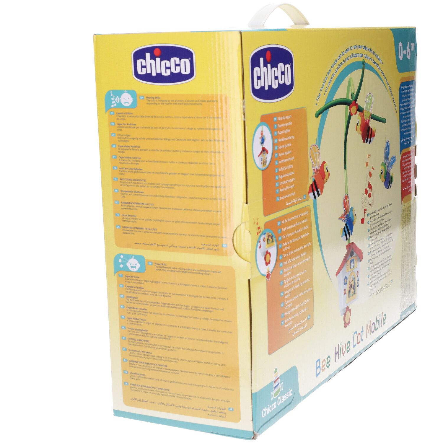 Vista laterale della confezione Chicco Bee Hive Cot Mobile. Contiene mobile, api, casa e testo.