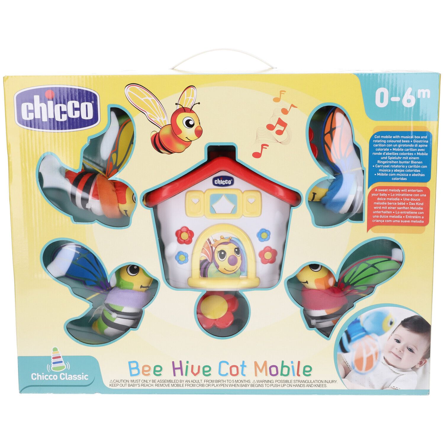 Confezione Chicco Bee Hive Cot Mobile. Contiene mobile, api, casa e bambino. Età 0-6 mesi.