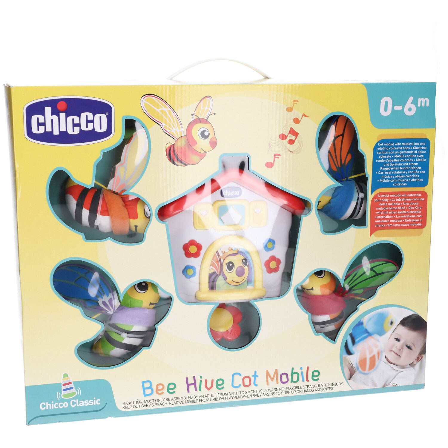 Confezione Chicco Bee Hive Cot Mobile. Contiene mobile, api, casa e bambino. Età 0-6 mesi.